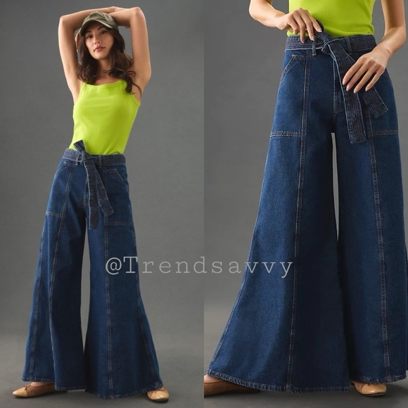 Farm Rio Belted Wide Leg Palazzo Jeans Anthropologie Blue Denim Size 23 NWT - Picture 1 of 10